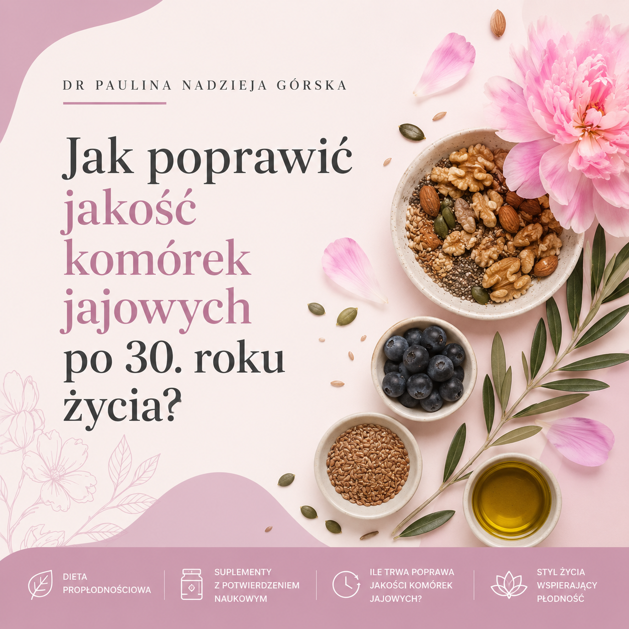 cztery miseczki z różnymi produktami, a obok różowy ozdobny kwiat i liść